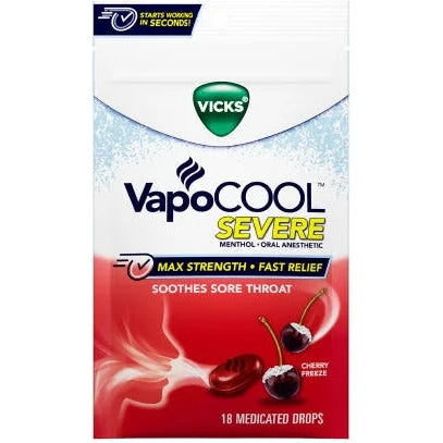 Vicks VapoCOOL SEVERE Medicated Sore Throat Drops, 18 ct.