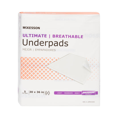 McKesson Ultimate Breathable Underpads, Maximum Protection, Heavy Absorbency, 30" x 36", White, 90 ct