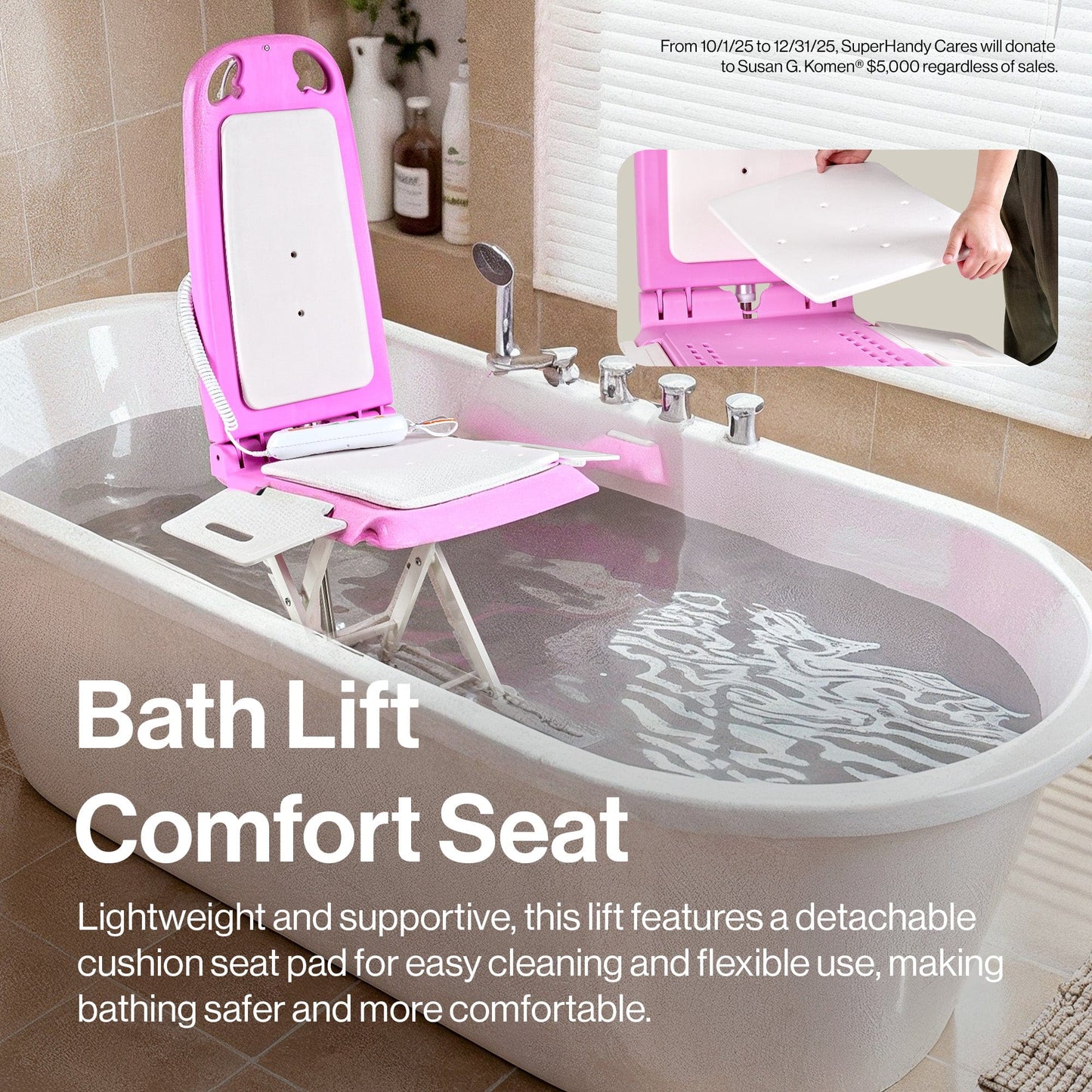 SuperHandy GoRise LT Portable Floor & Bath Lift – Pink Susan G. Komen® Edition – Lightweight (19 lbs), 330 lb Capacity, IP68 Waterproof