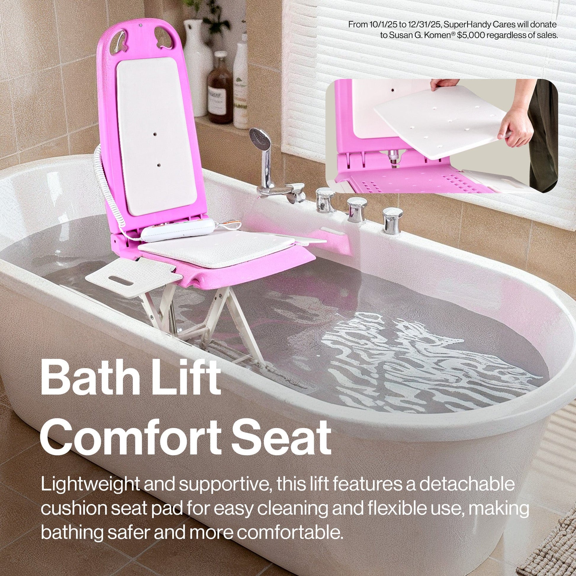SuperHandy GoRise LT Portable Floor & Bath Lift – Pink Susan G. Komen® Edition – Lightweight (19 lbs), 330 lb Capacity, IP68 Waterproof