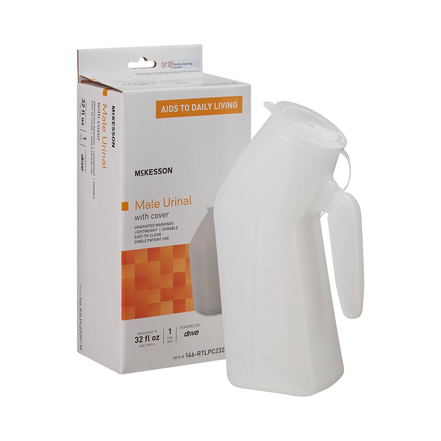 McKesson Male Urinal with Cover shown in front of its box packaging