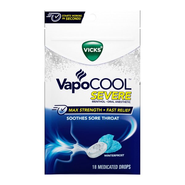 Vicks VapoCOOL SEVERE Medicated Sore Throat Drops, 18 ct.