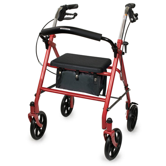 McKesson Folding Steel 4 Wheel Rollator, 12" Seat Width, Red