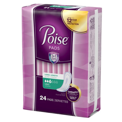 Poise Bladder Control Pad, Long, Light Absorbency, Disposable, Absorb-Loc Core, Female, One Size Fits Most, 24 ct