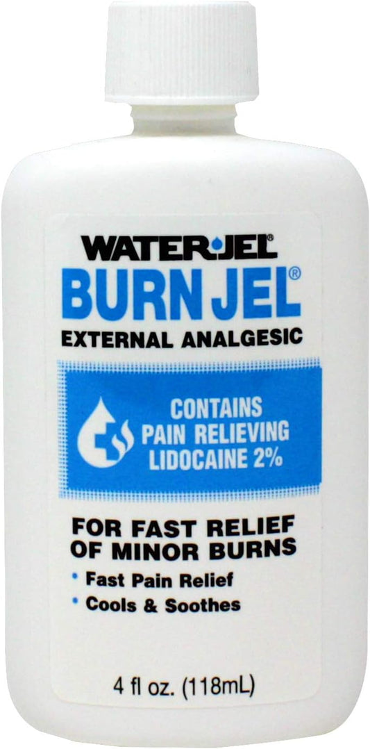 Water-Jel Burn Jel, 4 oz squeeze bottle, provides fast pain relief for minor burns, cuts, and abrasions; contains 2% lidocaine to cool and soothe damaged skin.