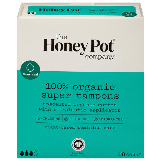 The Honey Pot - Super Tampon Bio-plastic Applicator Unscented, 18 ct