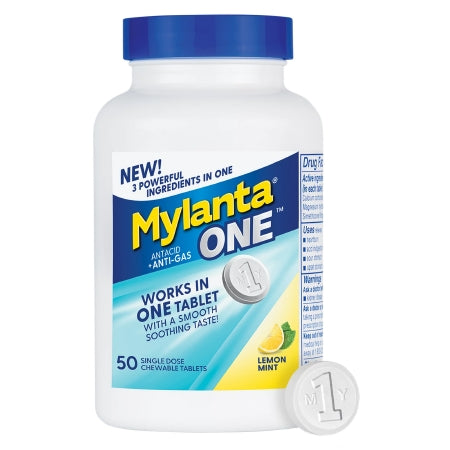 Mylanta One Antacid + Anti-Gas Chewables, Lemon Mint, 50 ct.