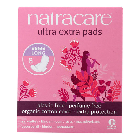 Natracare Long Ultra Extra Pads with Wings, 8 Count