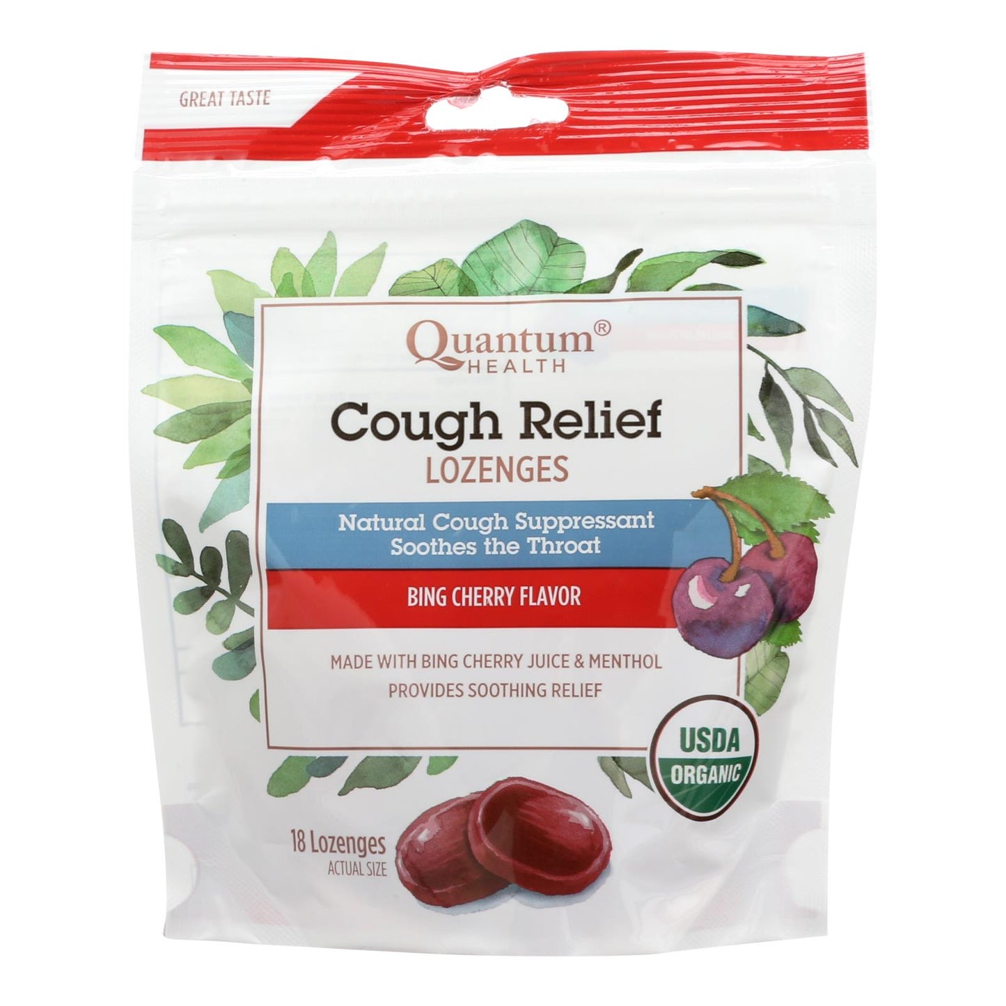 Quantum Research Organic Cough Relief Lozenges - Bing Cherry - 18 Count