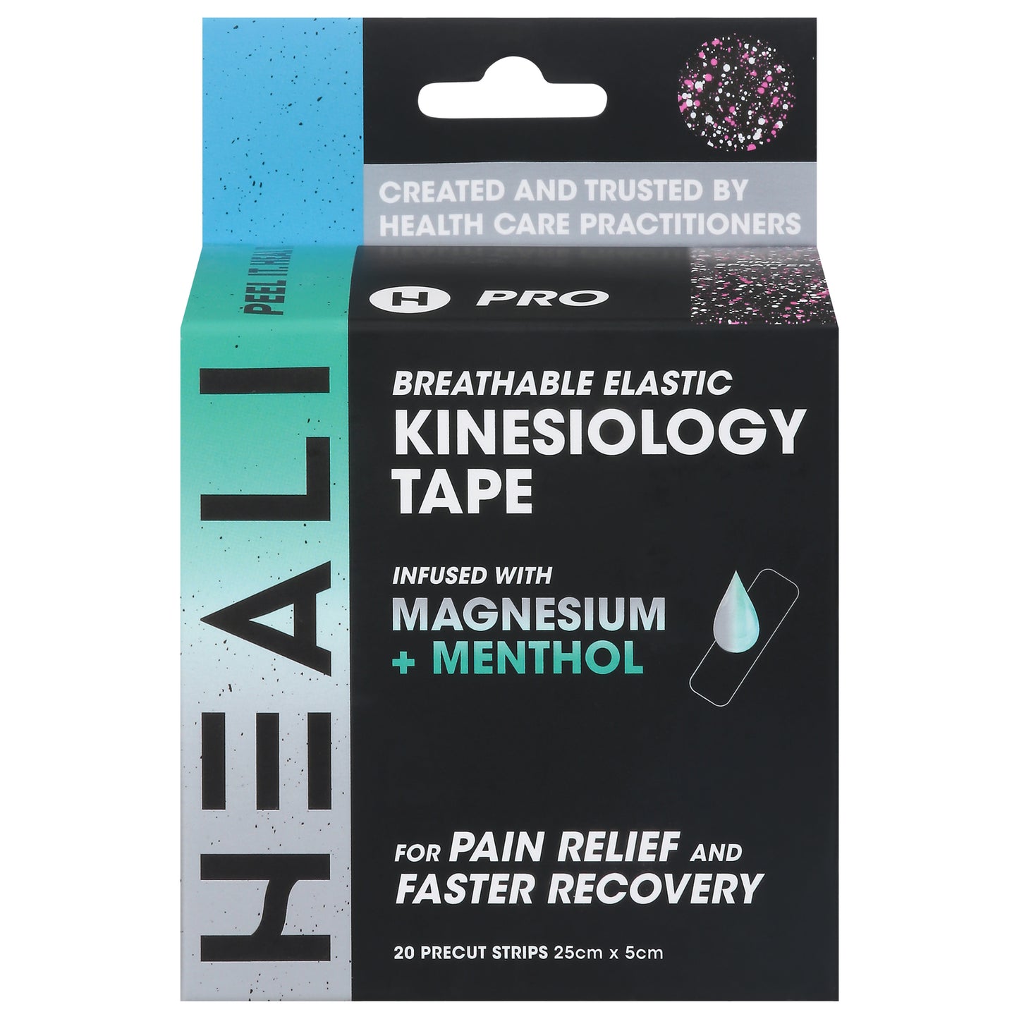 Heali Pre-Cut Kinesiology Tape w/ Magnesium & Menthol, Pink Splatter