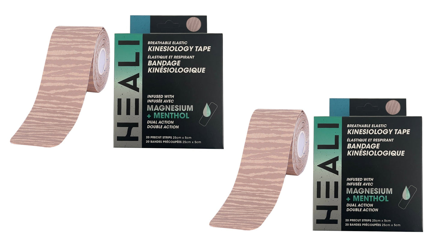 Heali Pro Kinesiology Tape Infused with Magnesium & Menthol, Beige Zebra, 40 Pre-Cut Strips