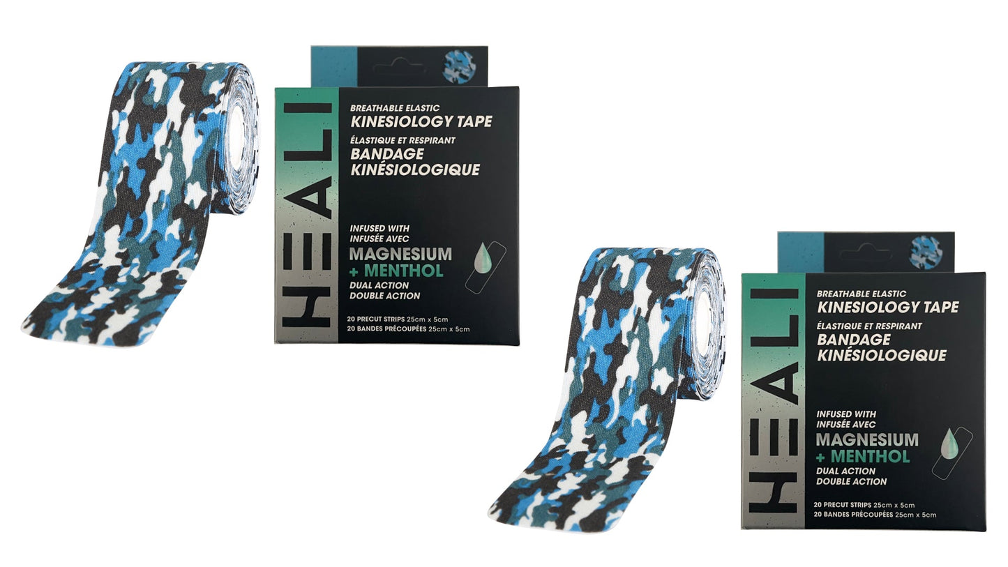 Heali Pro Kinesiology Tape Infused with Magnesium & Menthol, Blue Camo, 40 Pre-Cut Strips