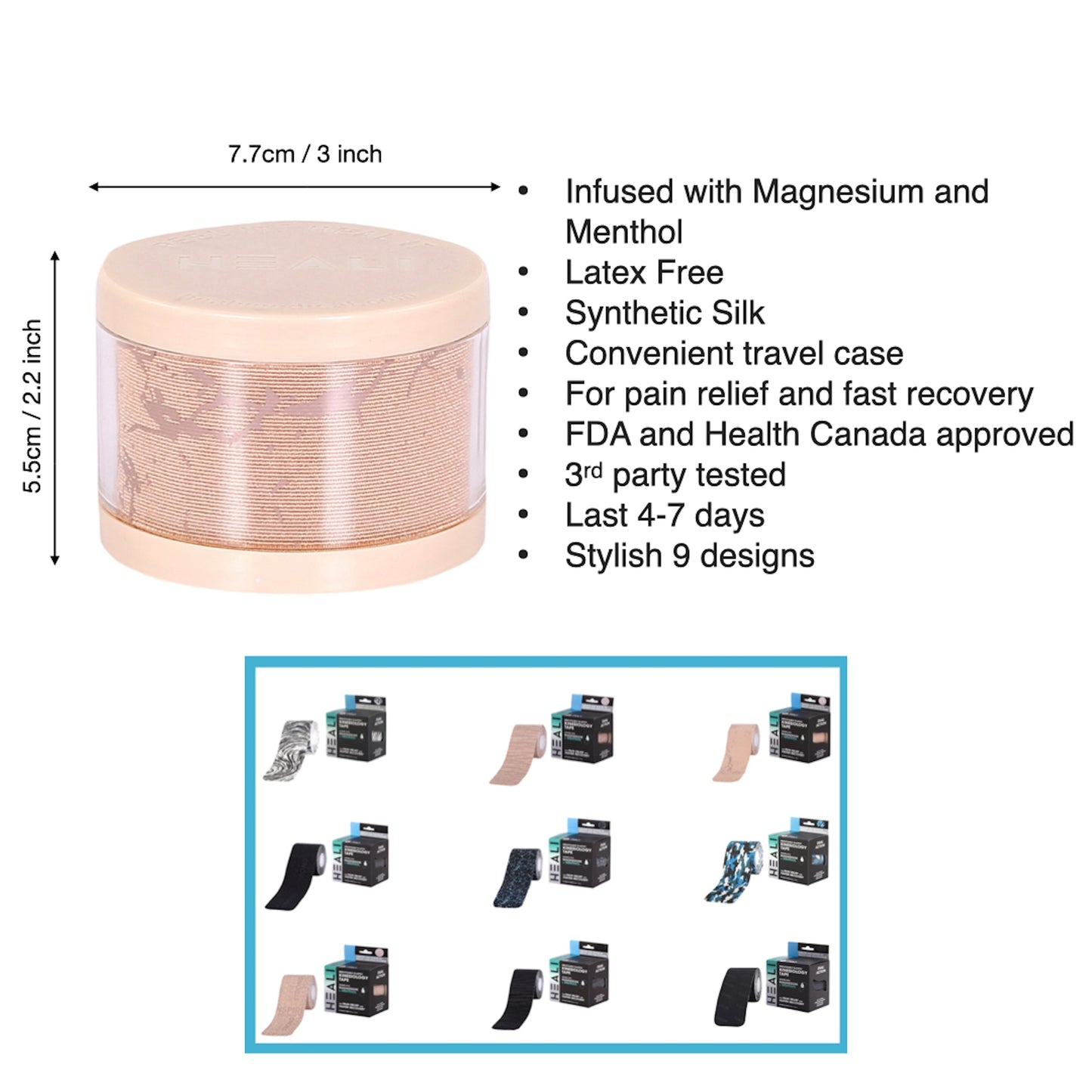 Heali Pro Kinesiology Tape Infused with Magnesium & Menthol, Beige Crackle, 60 Pre-Cut Strips