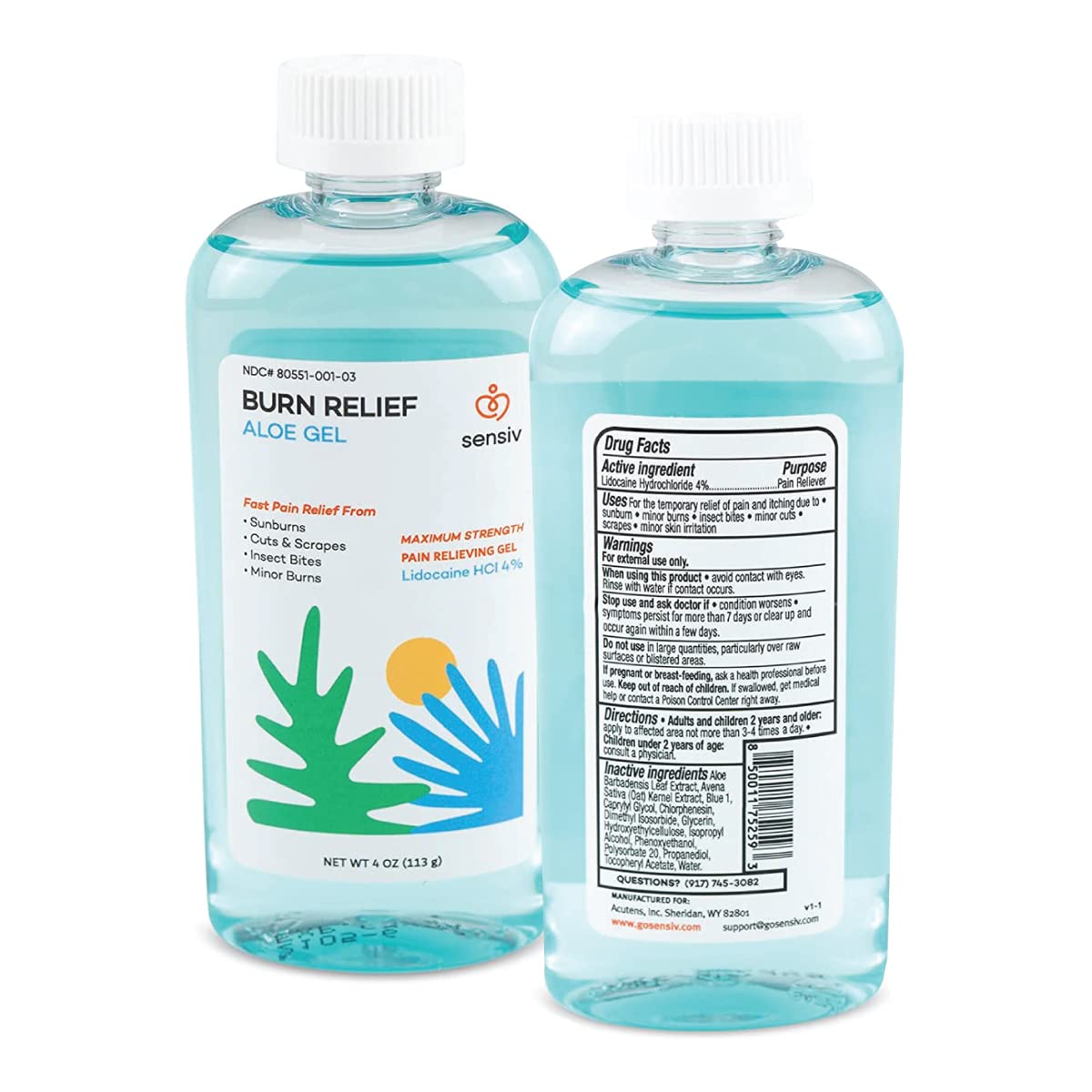 Sensiv Aloe Vera Gel for Sunburn Relief with Lidocaine Maximum Strength 4%, Solar Recovery for Cooling & Soothing
