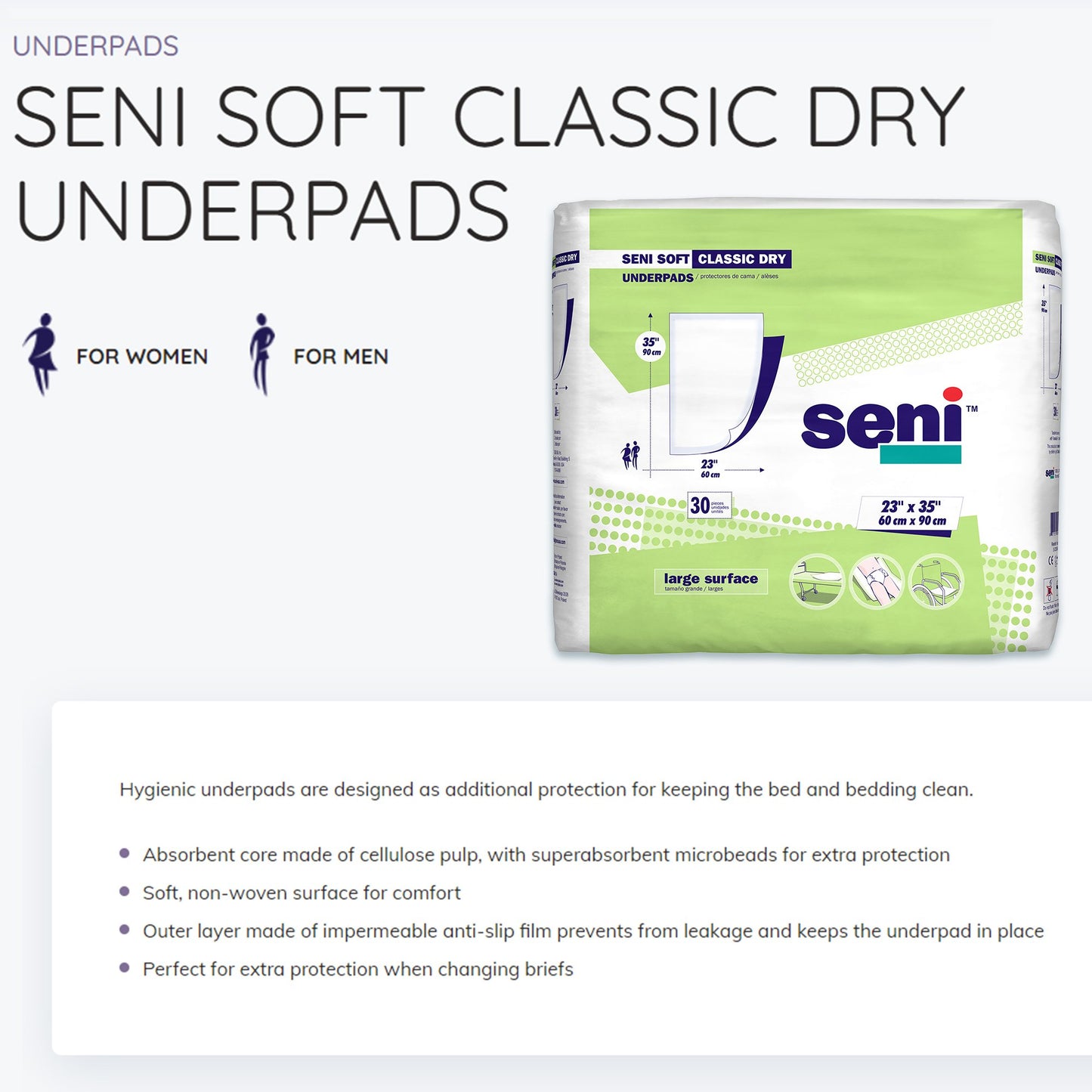 Seni® Soft Classic Dry Underpad, 23 x 35 Inch, 30 ct