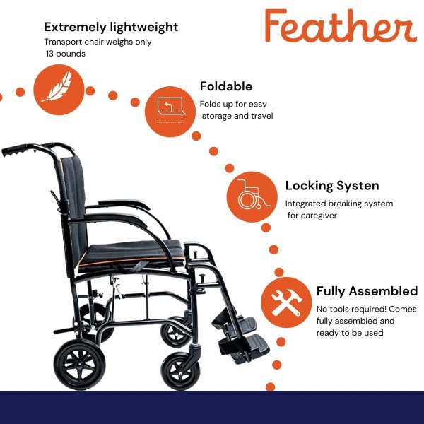 Feather Transport Wheelchair, 13 lbs, 300 lbs. Weight Capacity
