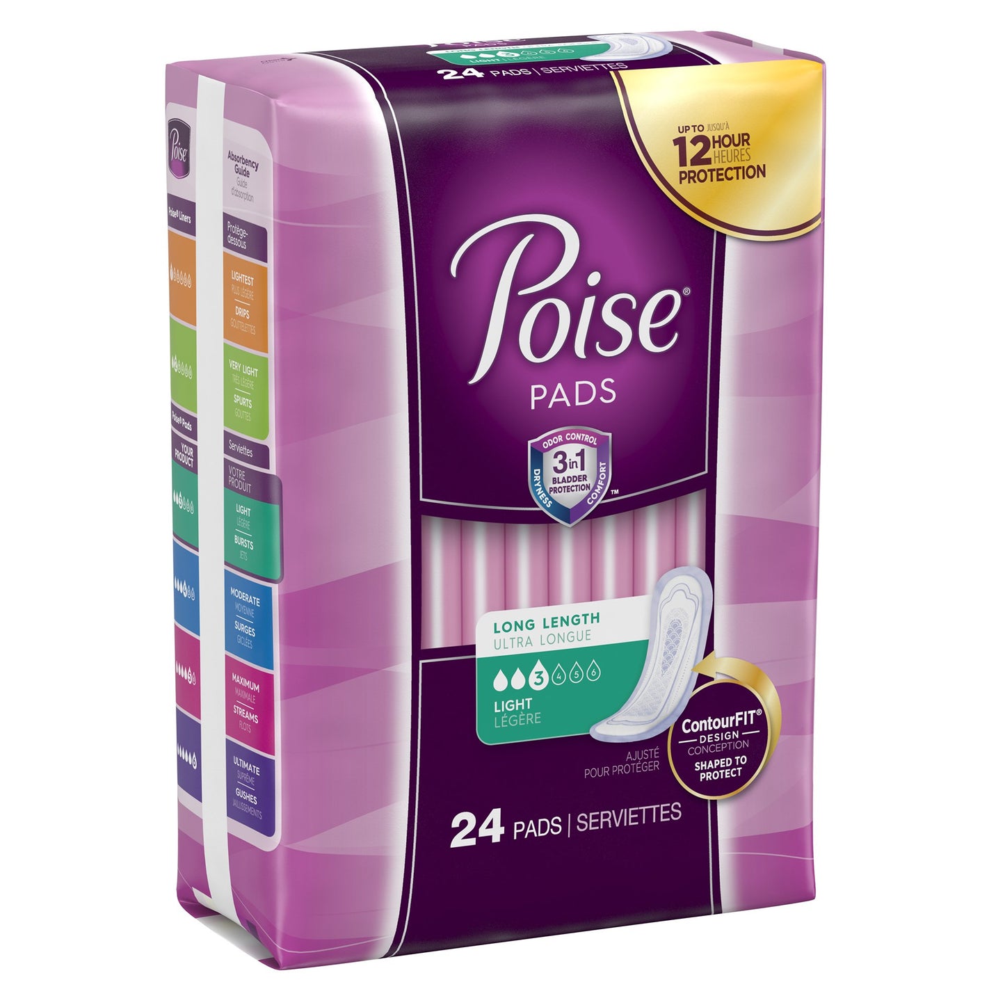 Poise Bladder Control Pad, Long, Light Absorbency, Disposable, Absorb-Loc Core, Female, One Size Fits Most, 24 ct