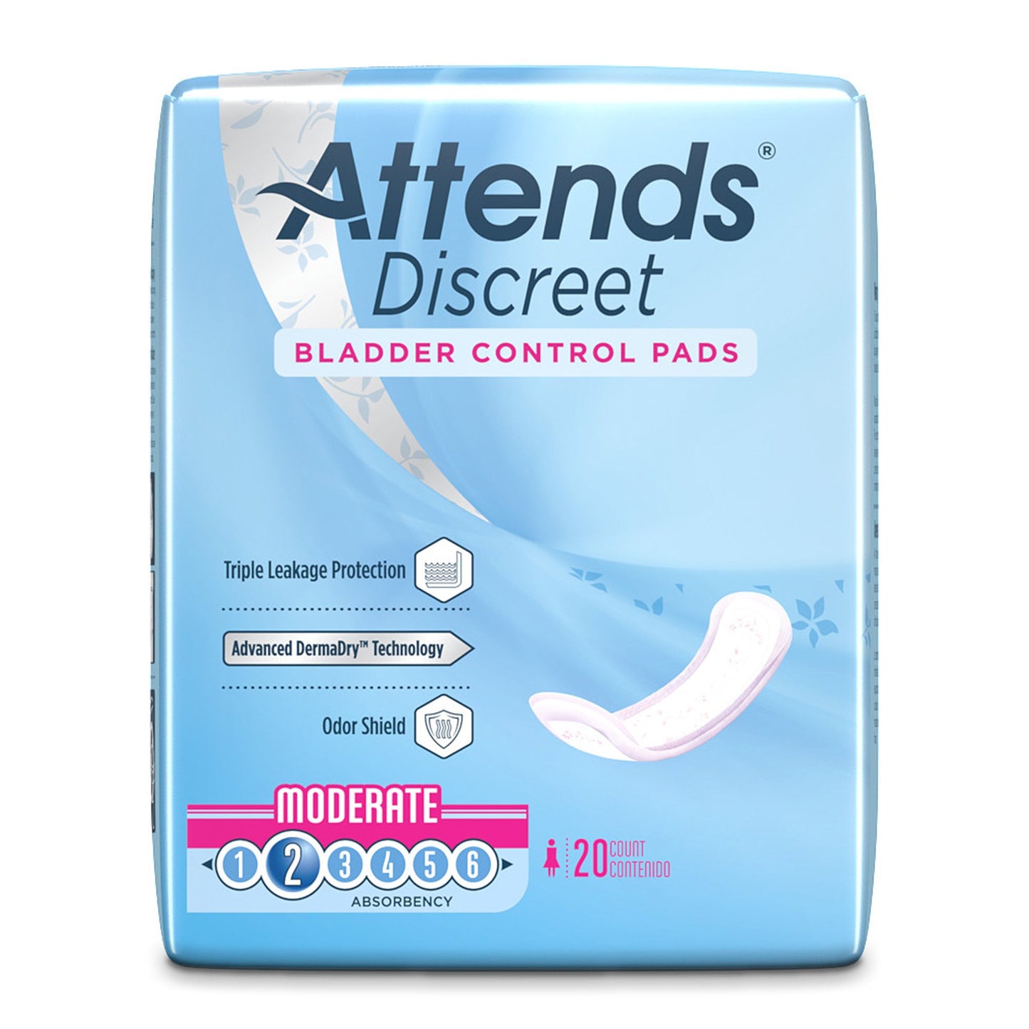 Attends® Discreet Women's Moderate Bladder Control Pad, 10.5" Length