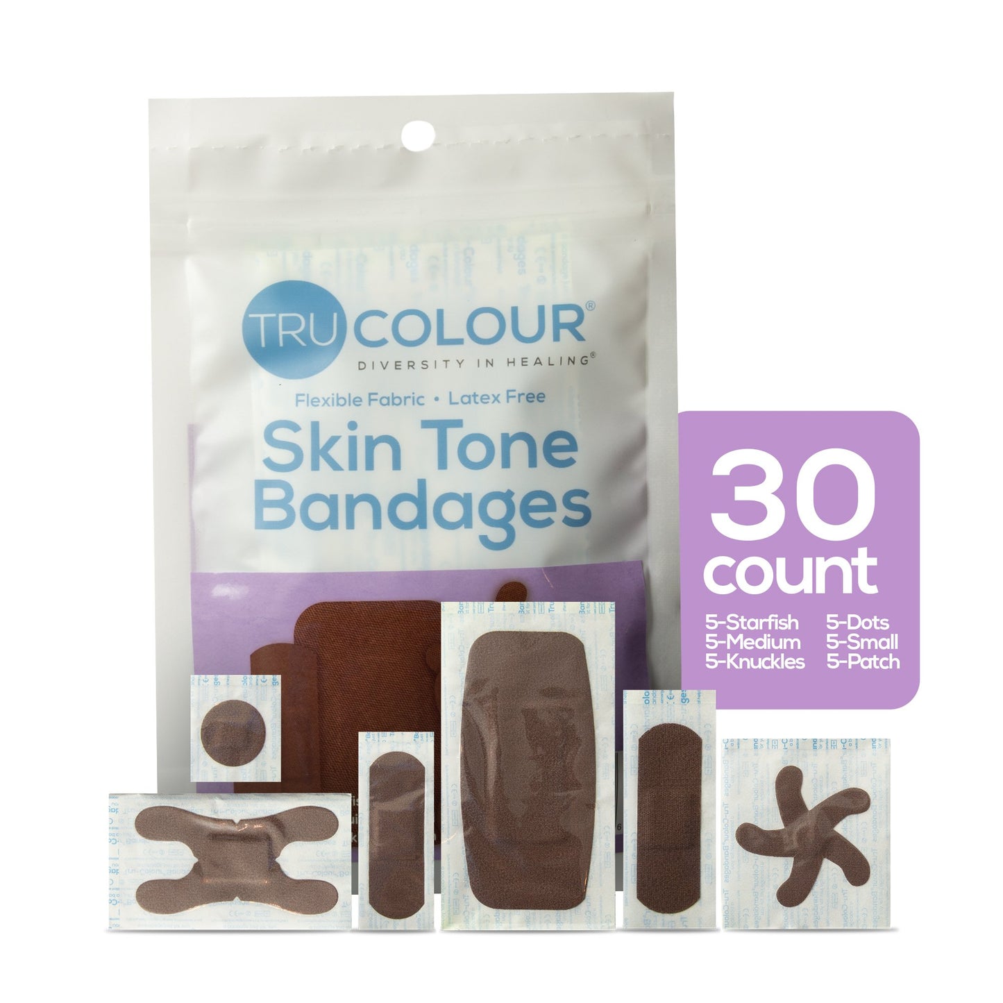 Tru-Colour Assorted Skin Tone Bandages for Dark Brown Skin Tone Shades, 30 ct