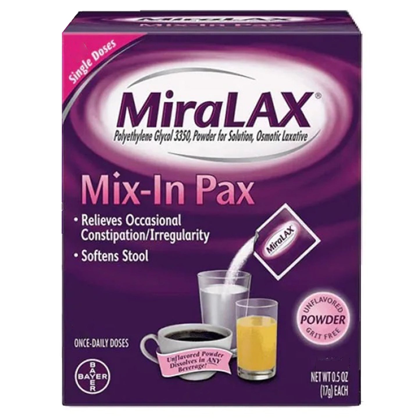 MiraLAX® Mix-In Pax Laxative, Unflavored Single Dose Packets, 24 ct