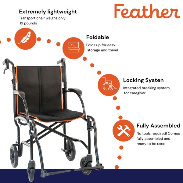 Feather Transport w / Brakes Aluminum Frame 300 lbs. Weight Capacity Fixed Height Arm Black / Orange (EA)
