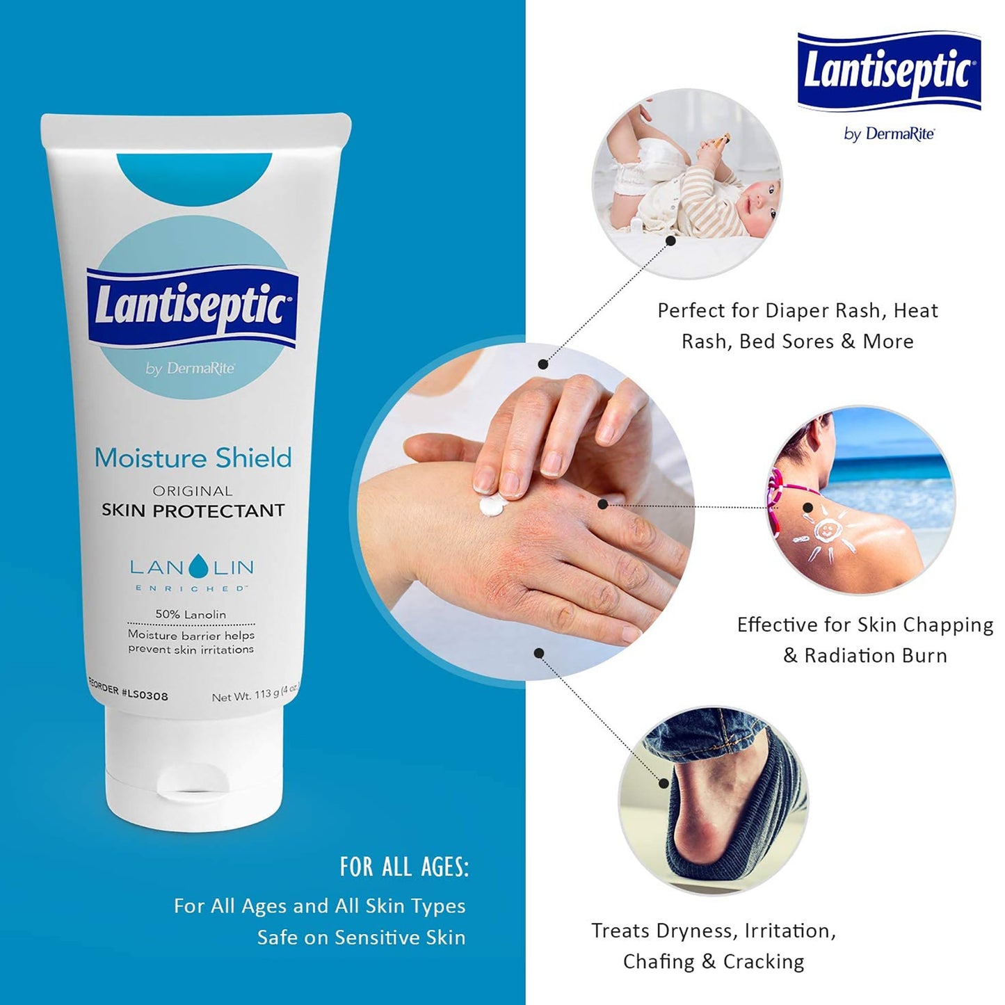 Lantiseptic Skin Protectant, 50% Lanolin, Unscented Ointment, 4 oz Tube