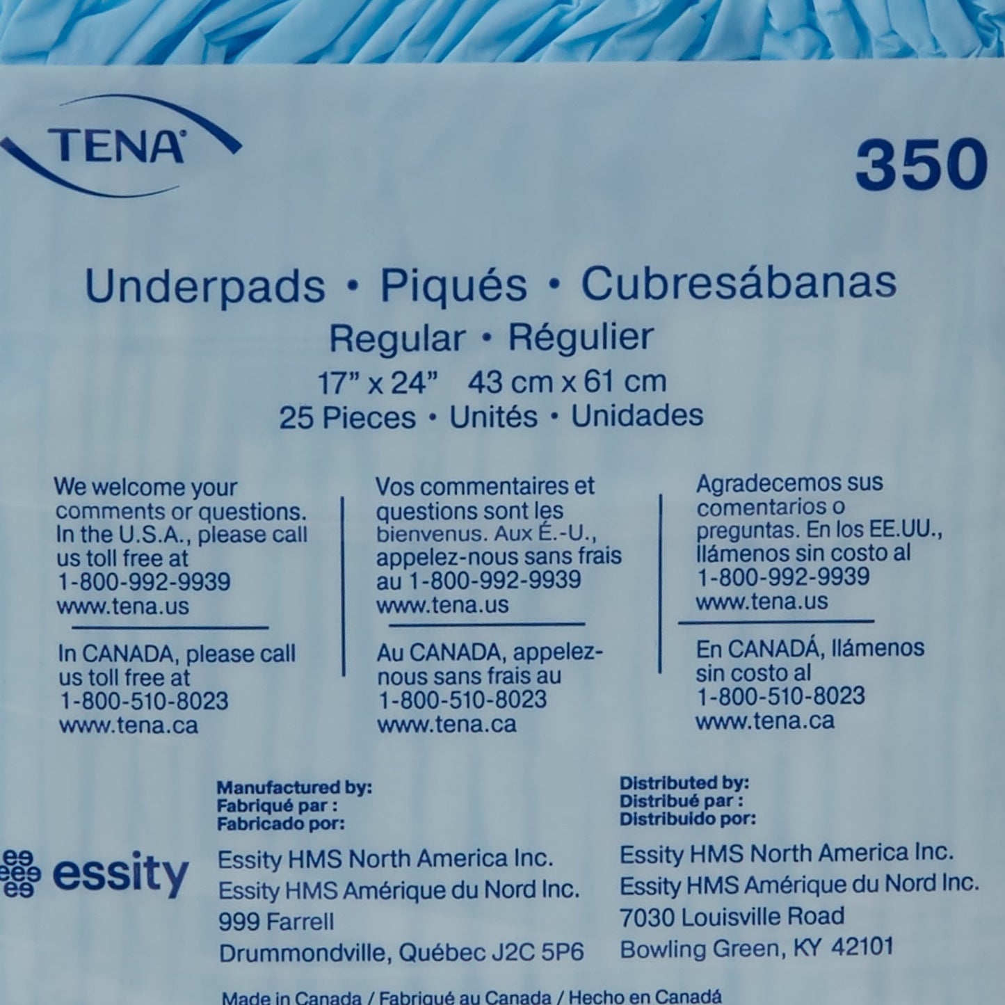 TENA Regular Underpads, Light Absorbency, Blue, Disposable, Latex-Free, 25 ct