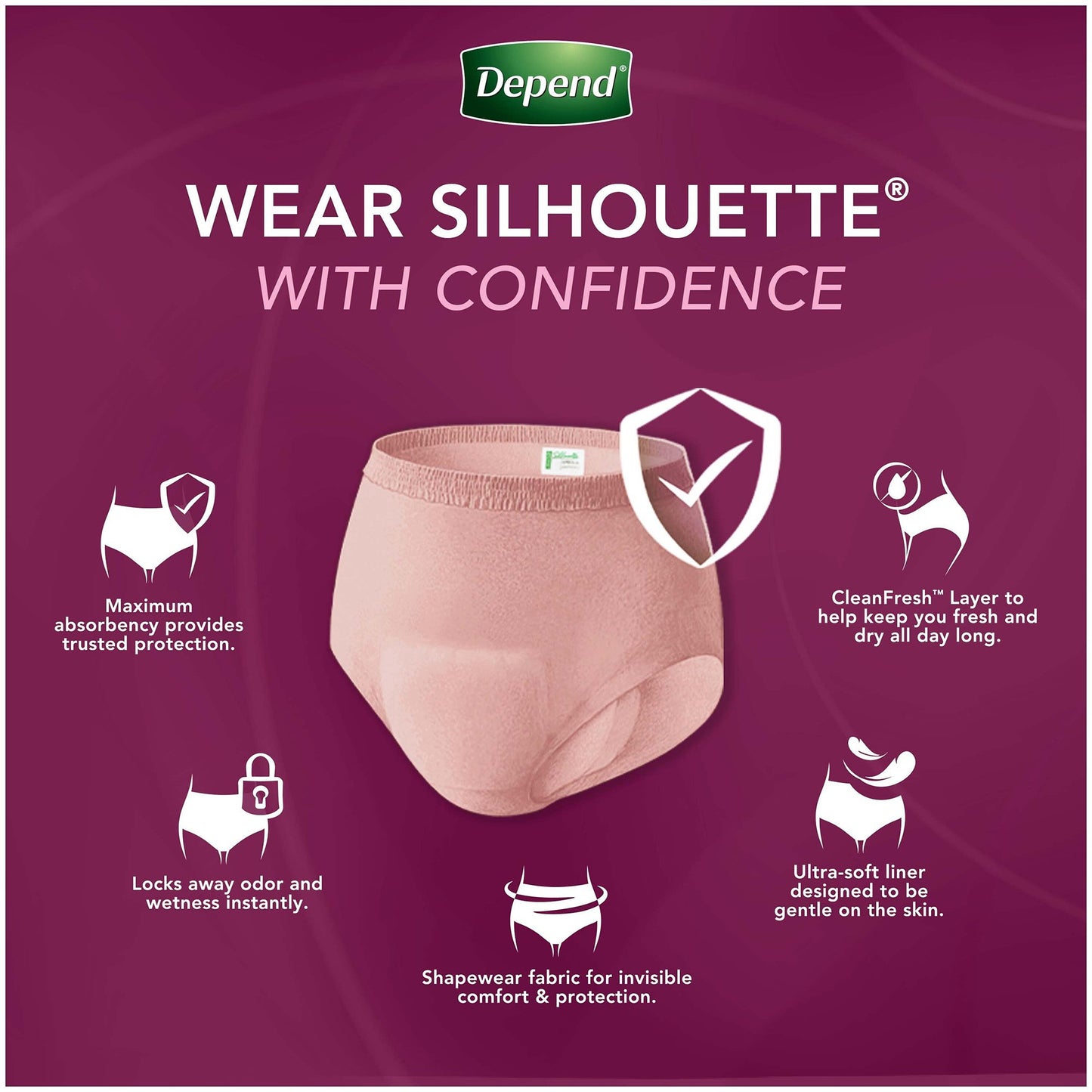 Depend® Silhouette® Classic Women's Underwear, Medium, Pink, 22 ct