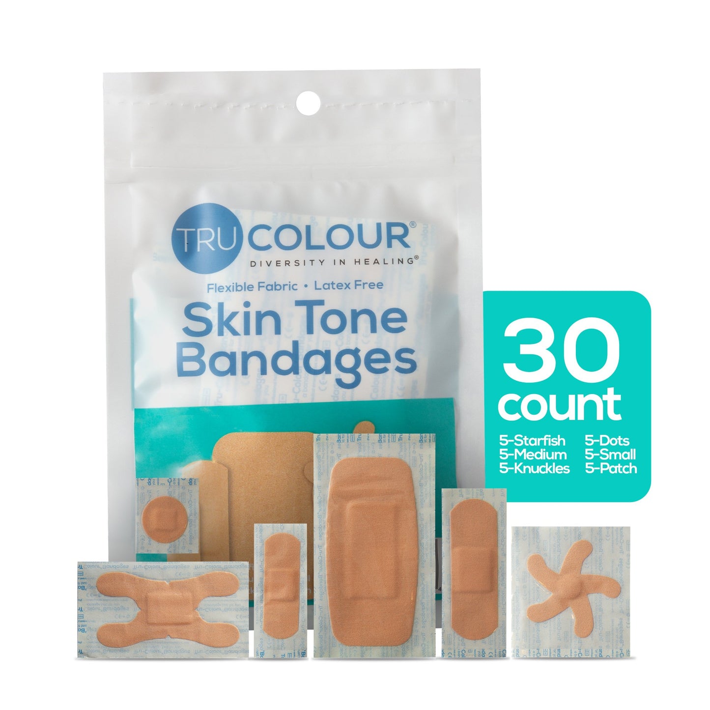 Tru-Colour Assorted Bandages for Fair Skin Tone Shades, 30 ct.