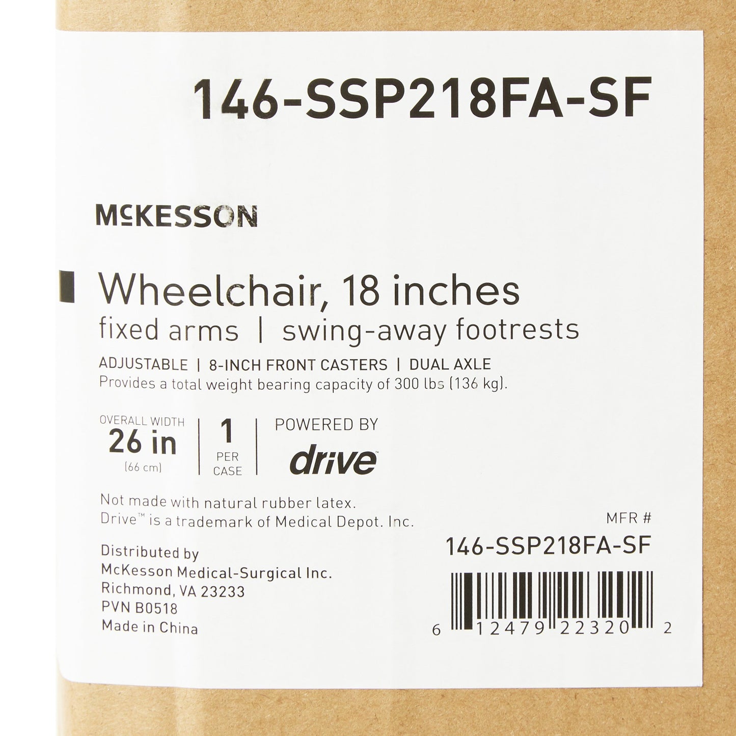 McKesson Wheelchair, 18 Inch Seat Width, Full Length Arms