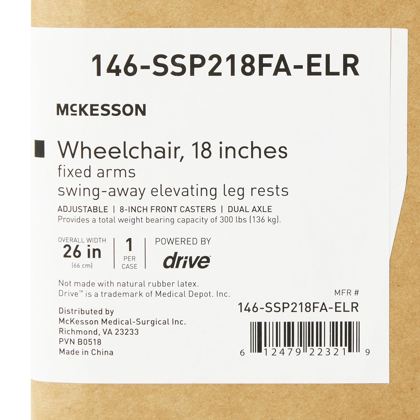 McKesson Wheelchair, 18 Inch Seat Width, Full Arm and Legrest