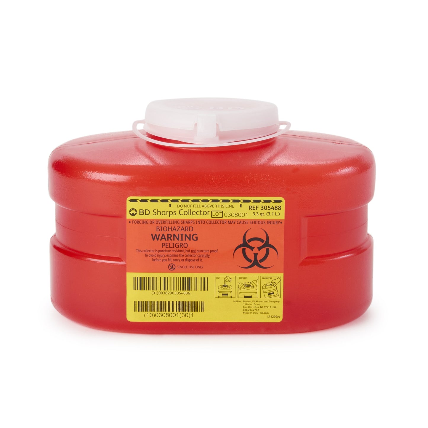 Becton Dickinson Red Sharps Container, 3-1/3 Quart, 5-3/10x 9-1/10 x 5 "