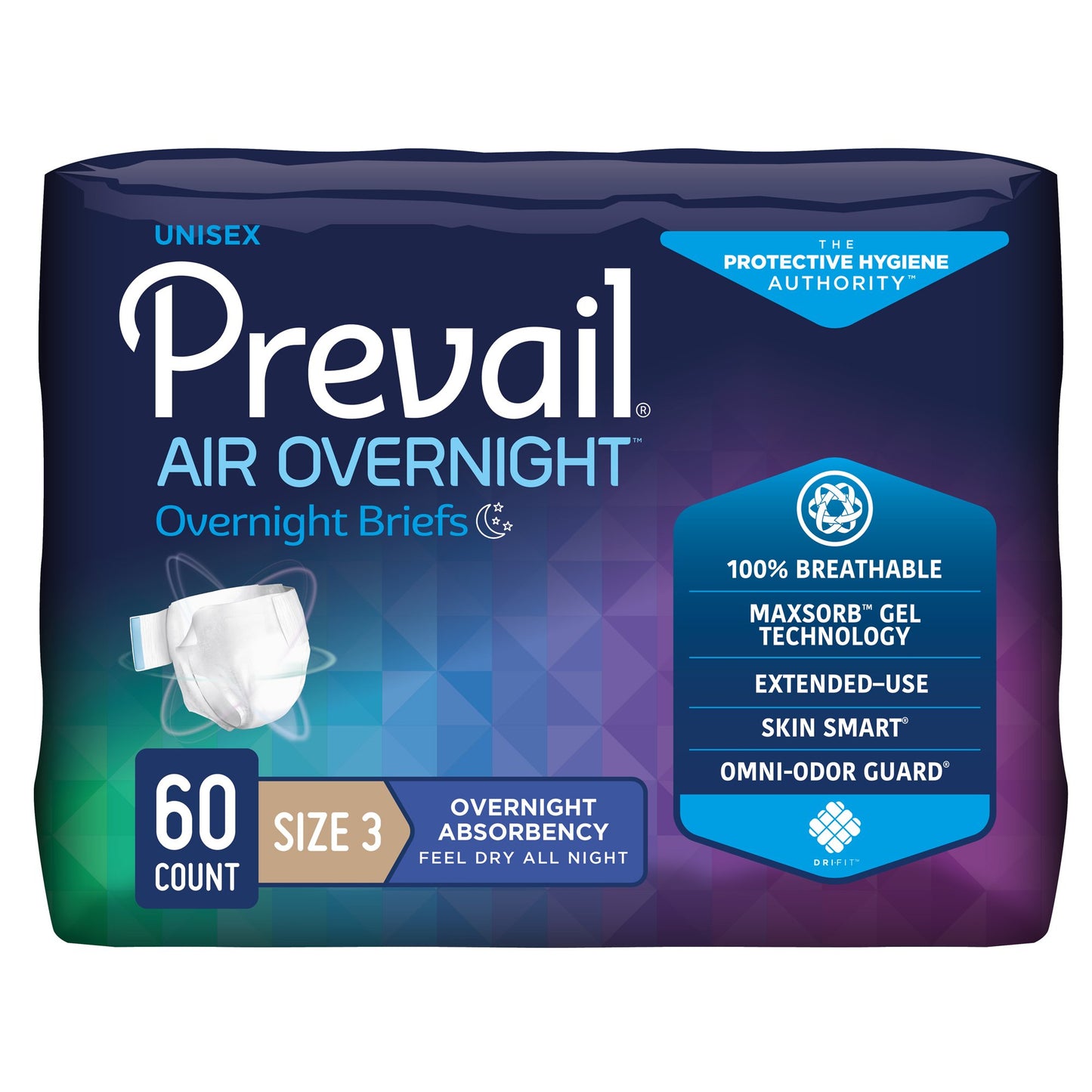 Prevail AIR Overnight Briefs, Heavy Absorbency, Unisex Adult, Disposable, Size 3, 58 to 70 Inch, Grey, 60 ct