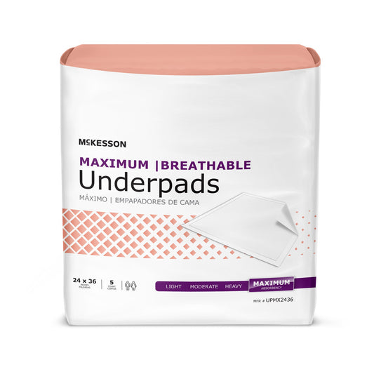 McKesson Ultimate Breathable Underpads, Maximum Protection, 24" x 36", 5 ct
