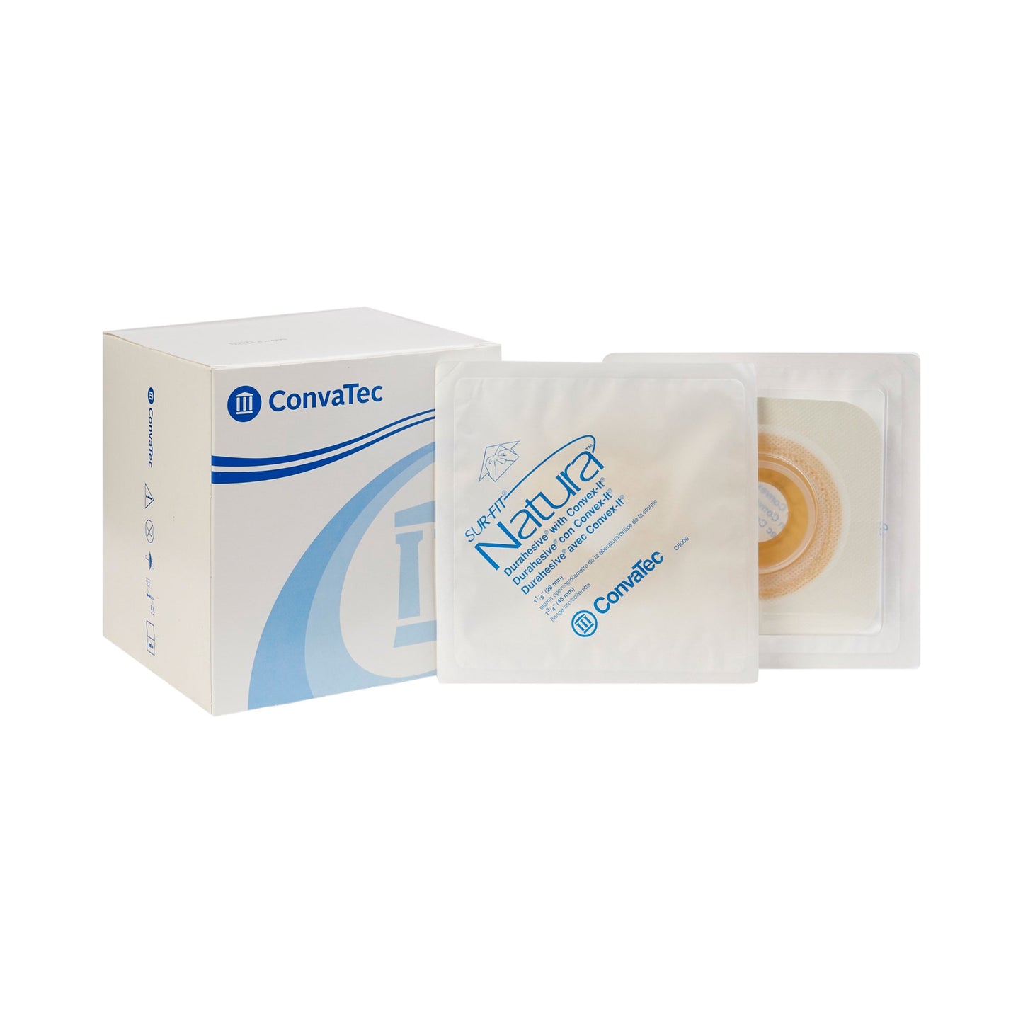 Ostomy Barrier Sur-Fit Natura® Precut, Extended Wear Durahesive® White Tape 45 mm Flange Sur-Fit Natura® System Hydrocolloid 1-1/8 Inch Opening 4-1/2 X 4-1/2 Inch
